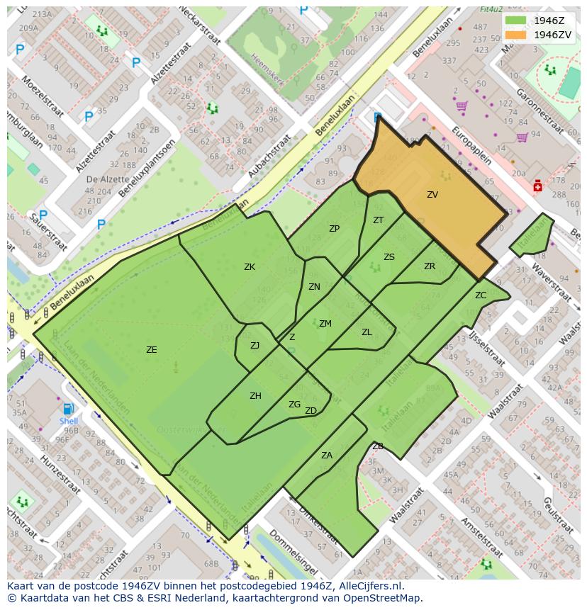 Afbeelding van het postcodegebied 1946 ZV op de kaart.