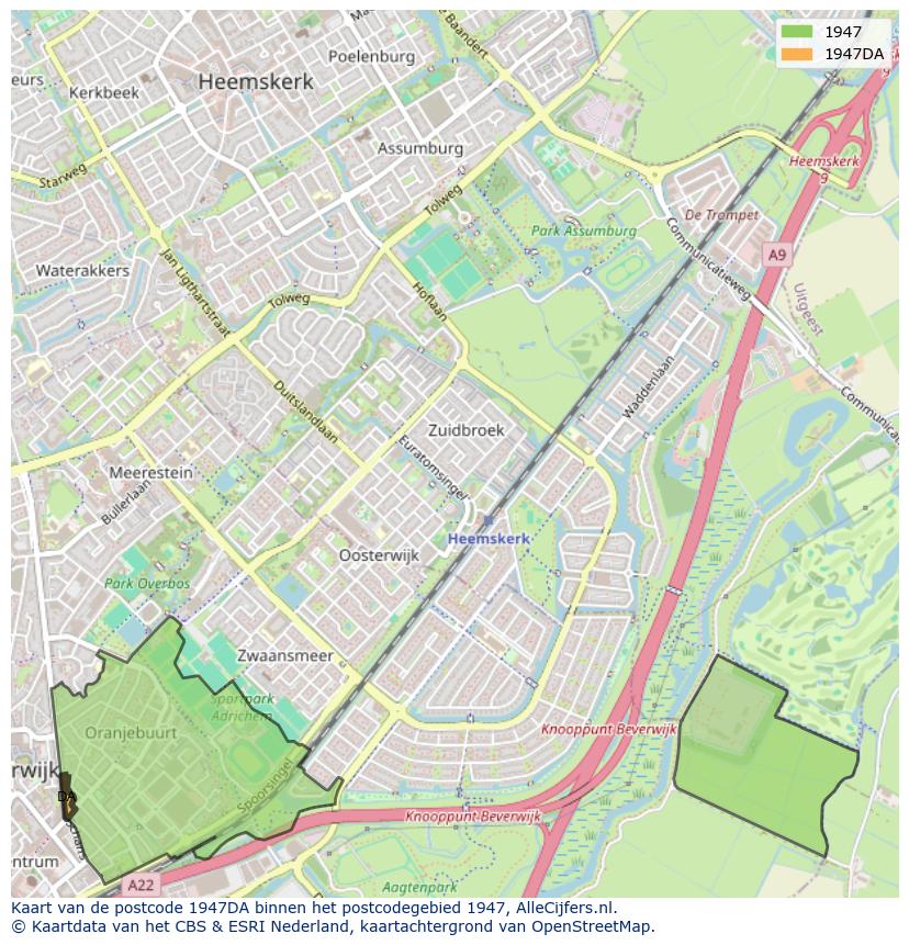 Afbeelding van het postcodegebied 1947 DA op de kaart.