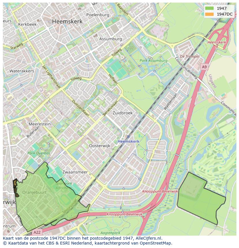 Afbeelding van het postcodegebied 1947 DC op de kaart.