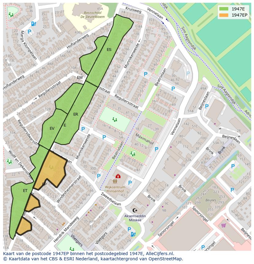 Afbeelding van het postcodegebied 1947 EP op de kaart.