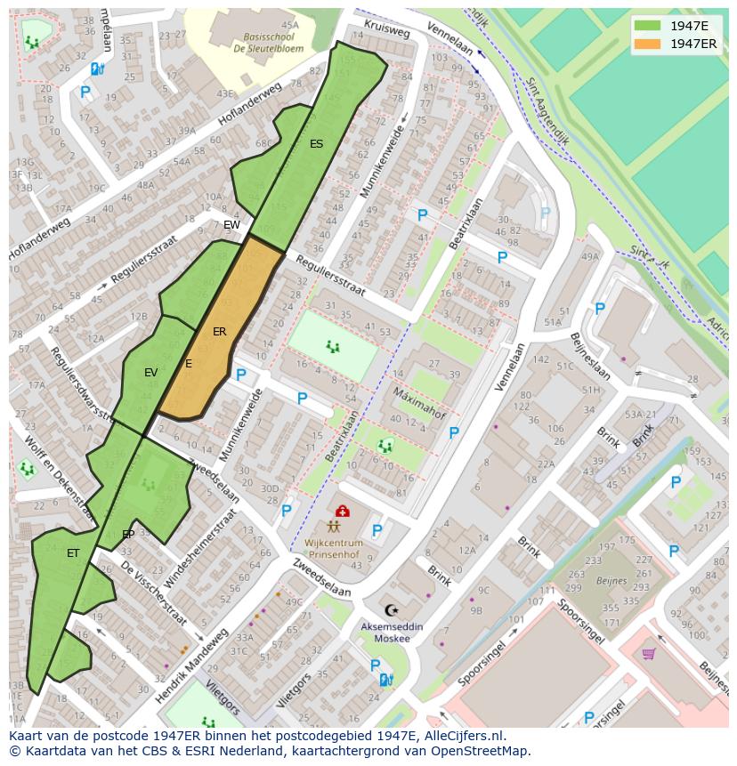 Afbeelding van het postcodegebied 1947 ER op de kaart.