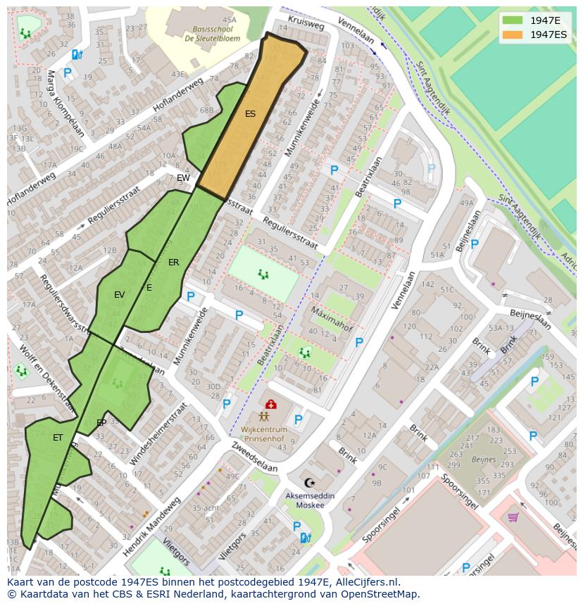 Afbeelding van het postcodegebied 1947 ES op de kaart.