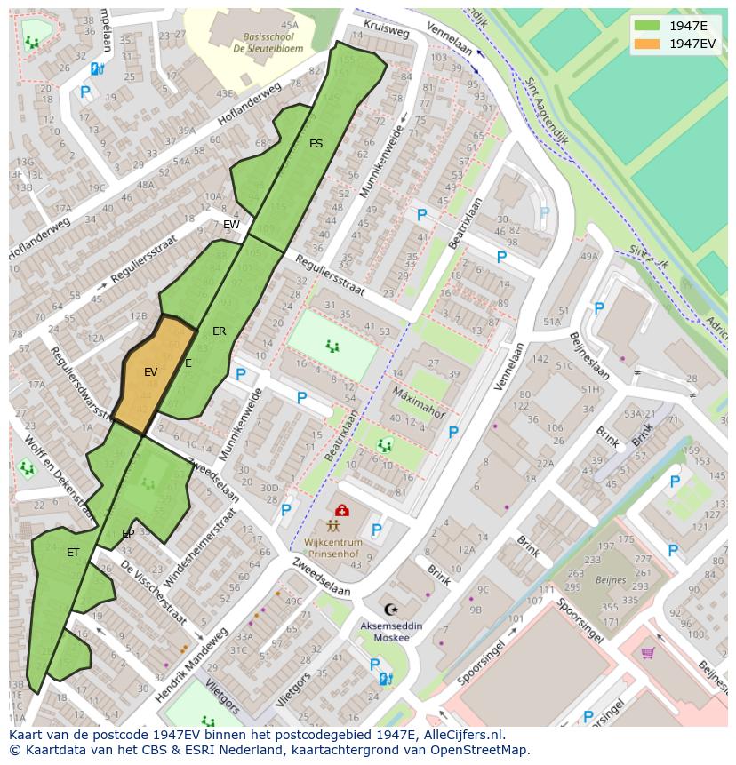 Afbeelding van het postcodegebied 1947 EV op de kaart.