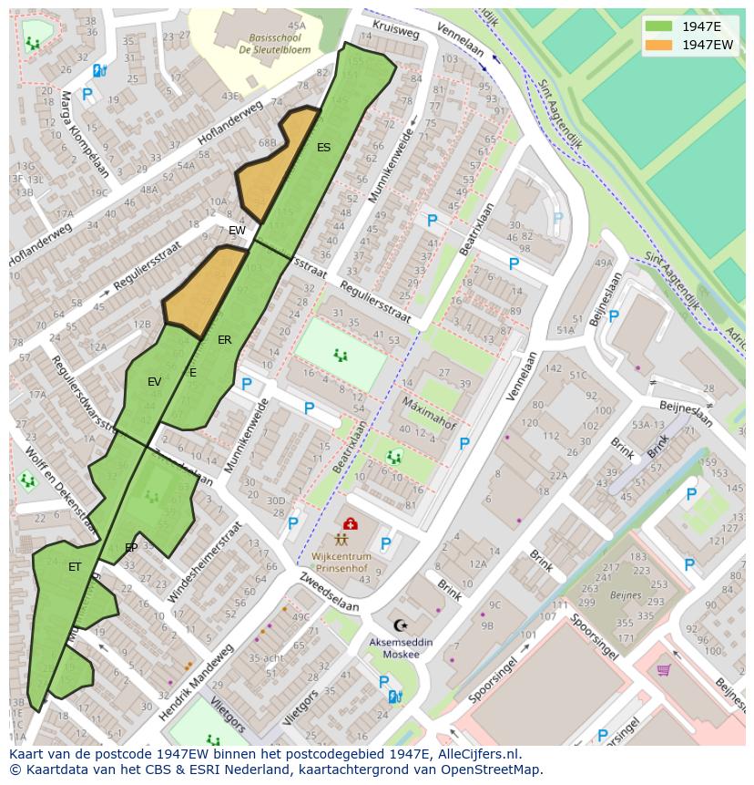 Afbeelding van het postcodegebied 1947 EW op de kaart.
