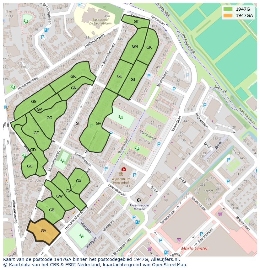 Afbeelding van het postcodegebied 1947 GA op de kaart.