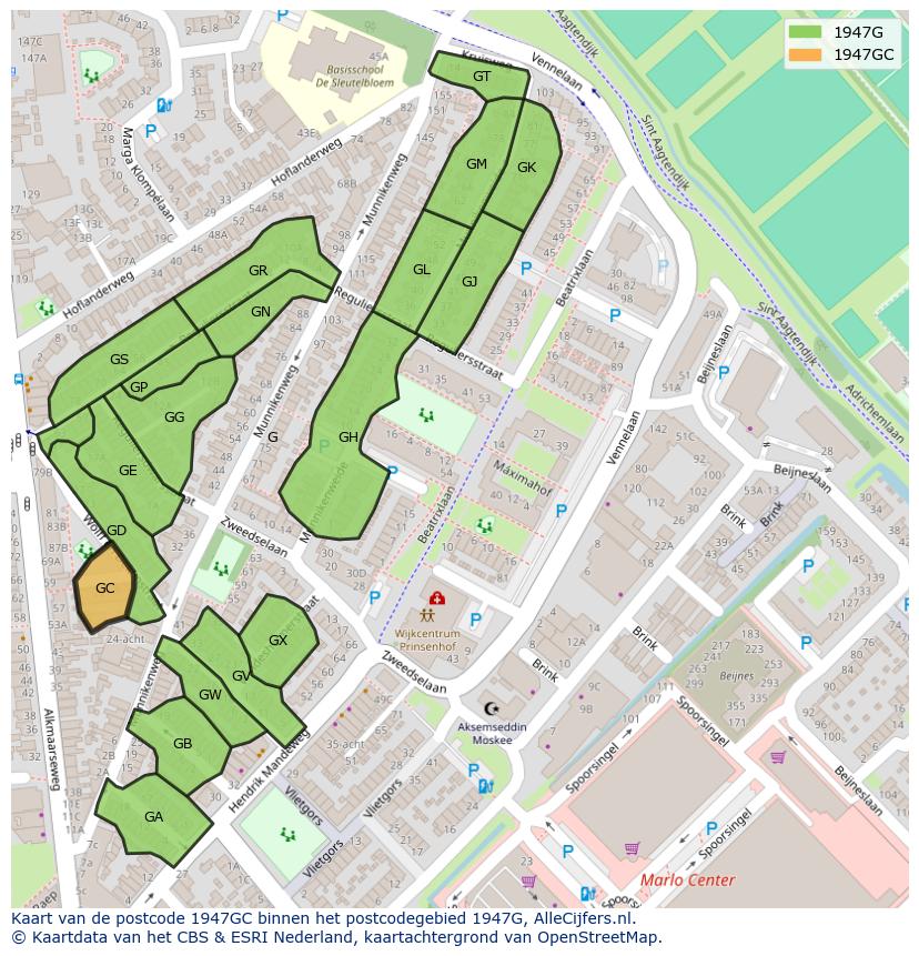 Afbeelding van het postcodegebied 1947 GC op de kaart.