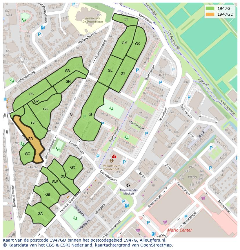 Afbeelding van het postcodegebied 1947 GD op de kaart.
