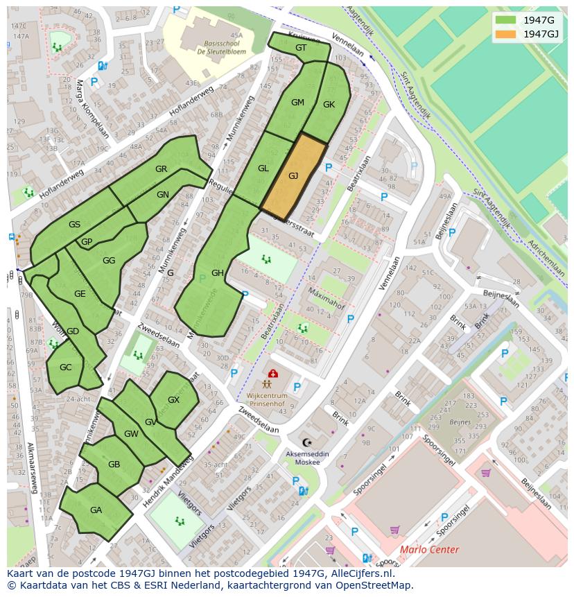 Afbeelding van het postcodegebied 1947 GJ op de kaart.