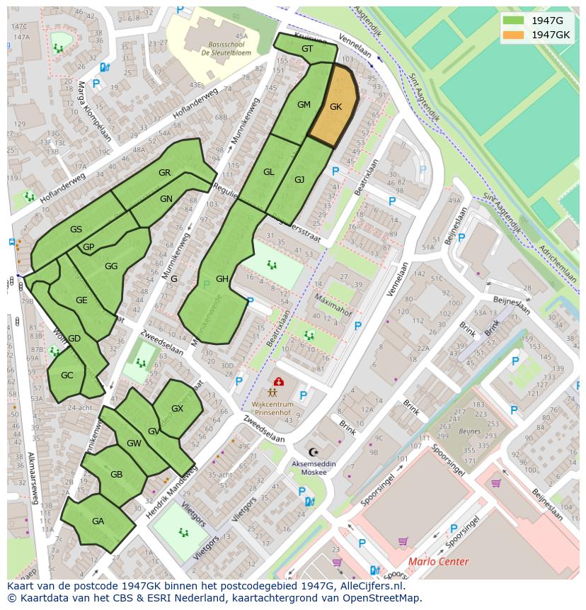 Afbeelding van het postcodegebied 1947 GK op de kaart.