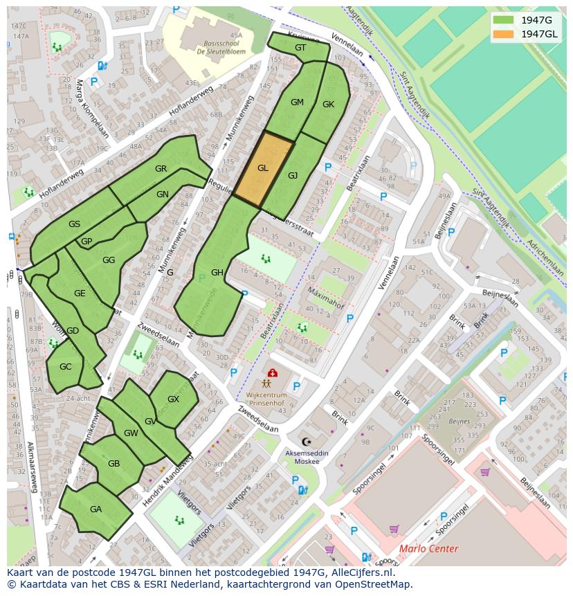 Afbeelding van het postcodegebied 1947 GL op de kaart.