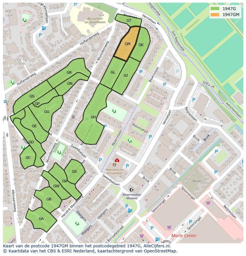 Afbeelding van het postcodegebied 1947 GM op de kaart.
