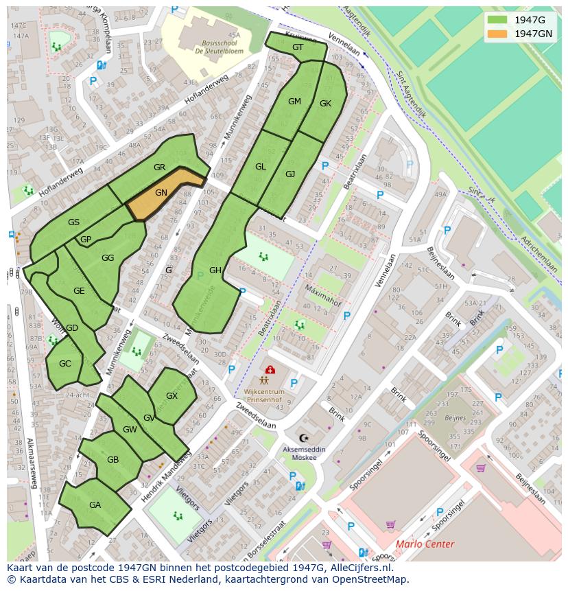 Afbeelding van het postcodegebied 1947 GN op de kaart.
