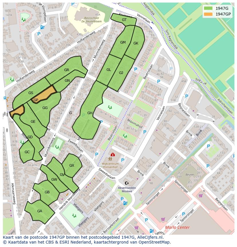 Afbeelding van het postcodegebied 1947 GP op de kaart.