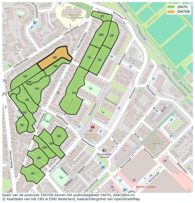 Afbeelding van het postcodegebied 1947 GR op de kaart.