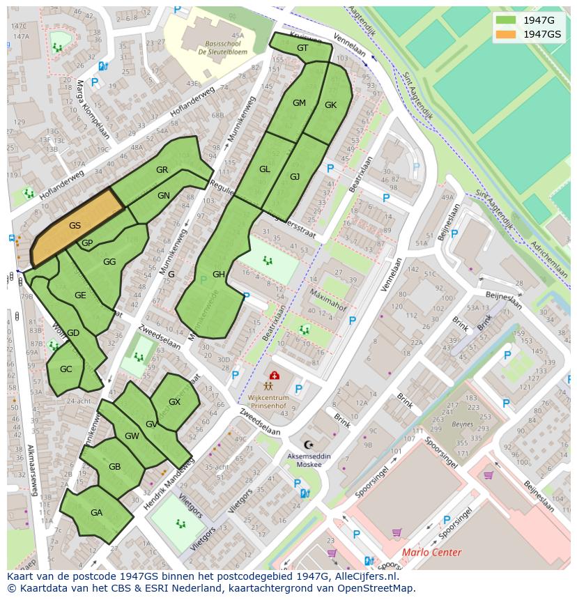Afbeelding van het postcodegebied 1947 GS op de kaart.