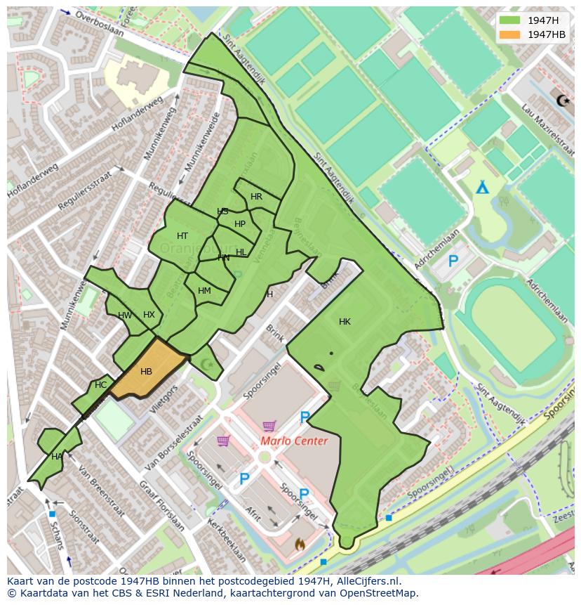 Afbeelding van het postcodegebied 1947 HB op de kaart.