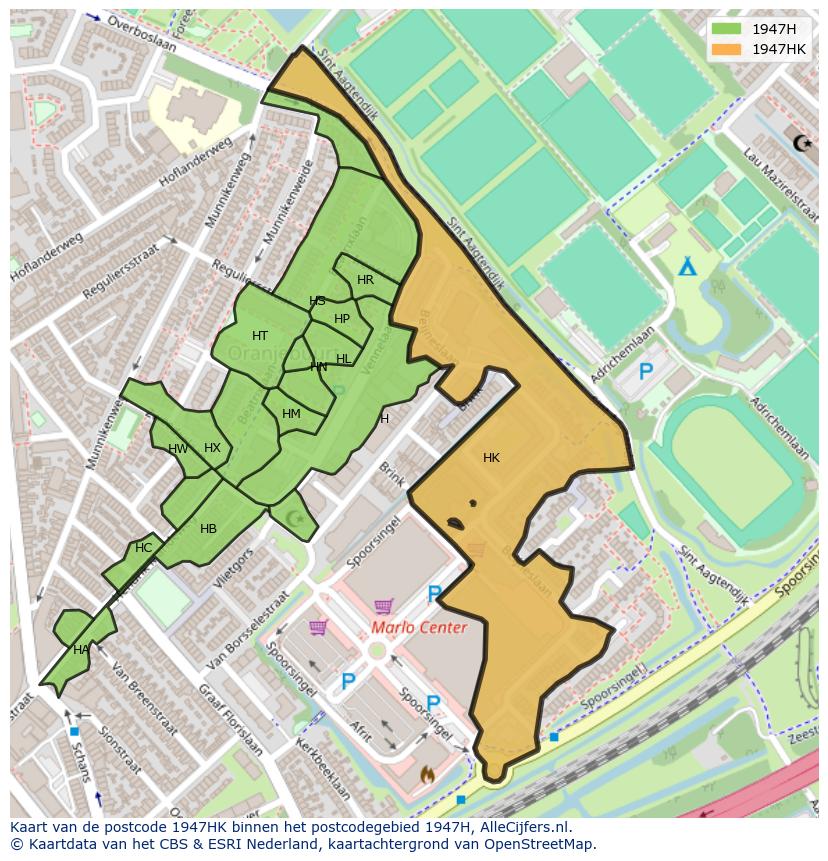 Afbeelding van het postcodegebied 1947 HK op de kaart.