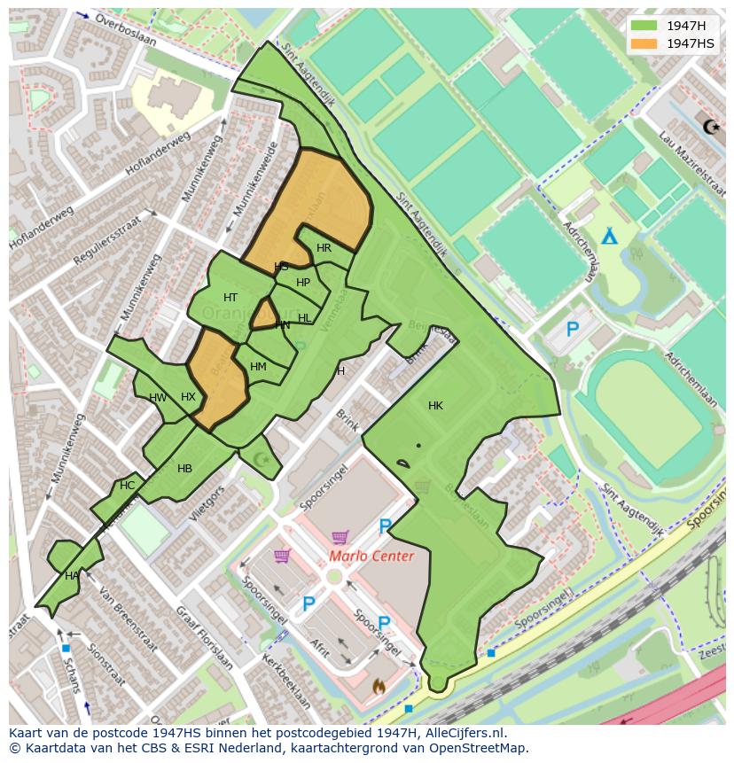 Afbeelding van het postcodegebied 1947 HS op de kaart.