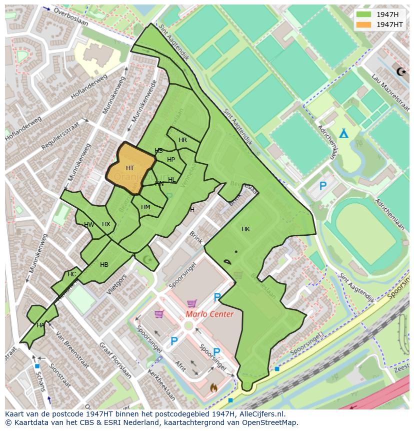 Afbeelding van het postcodegebied 1947 HT op de kaart.