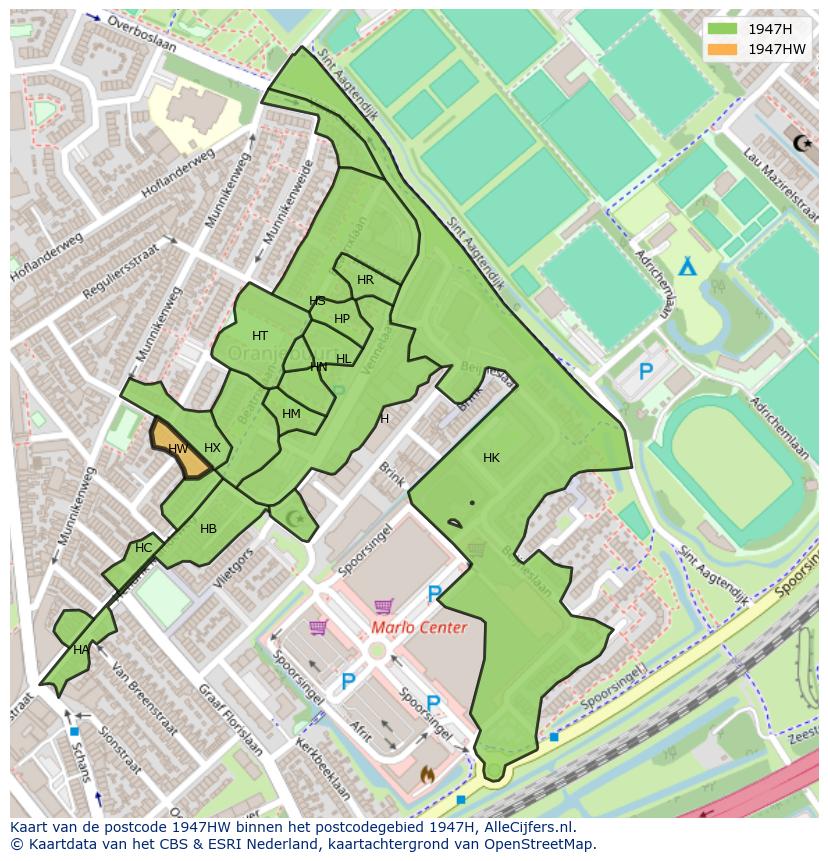 Afbeelding van het postcodegebied 1947 HW op de kaart.