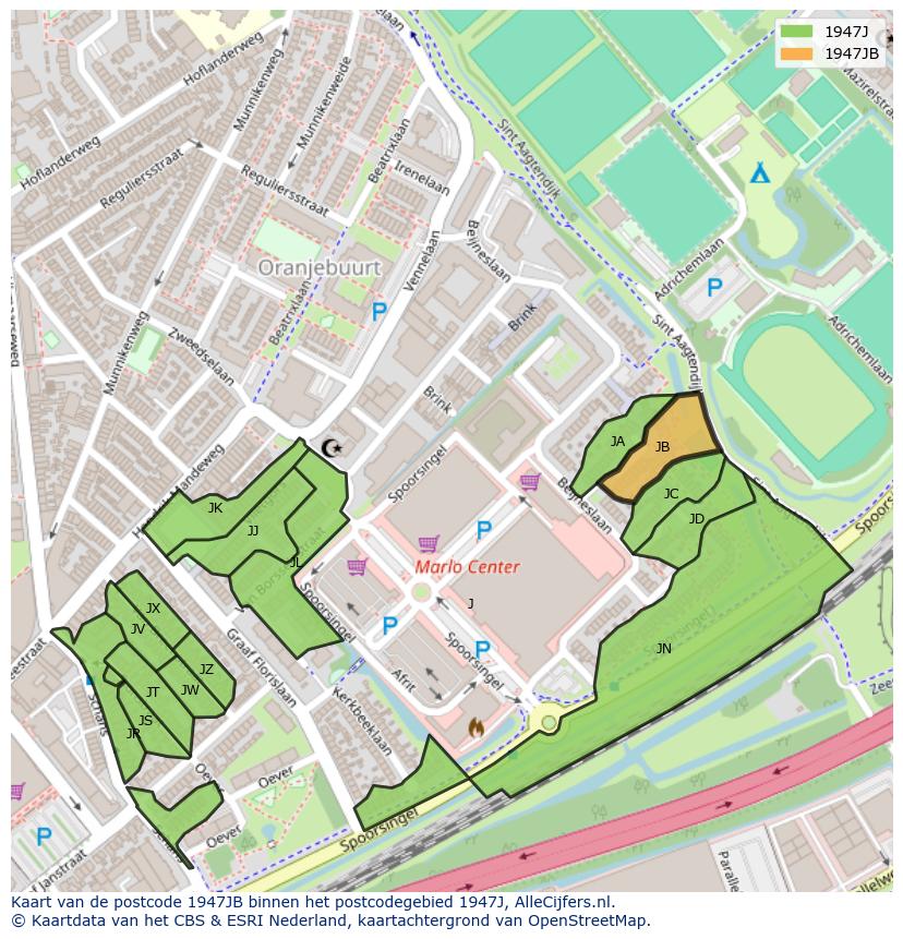 Afbeelding van het postcodegebied 1947 JB op de kaart.