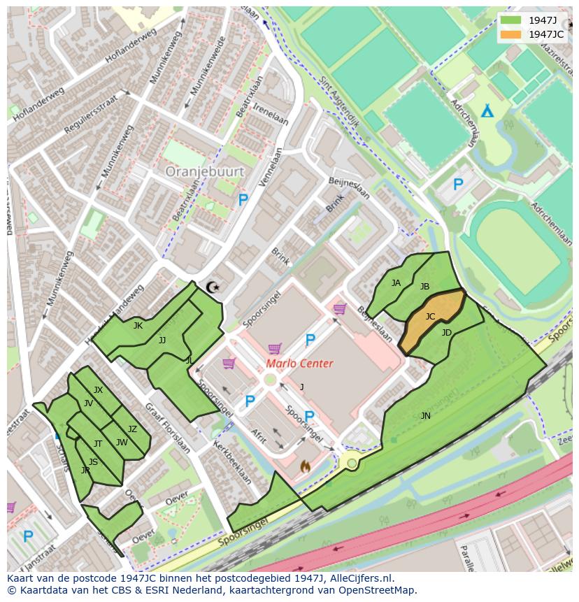 Afbeelding van het postcodegebied 1947 JC op de kaart.