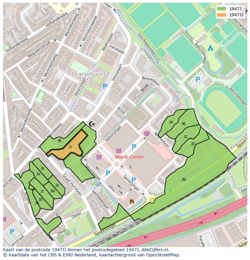 Afbeelding van het postcodegebied 1947 JJ op de kaart.