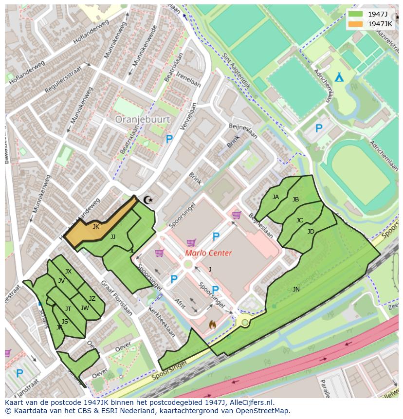 Afbeelding van het postcodegebied 1947 JK op de kaart.