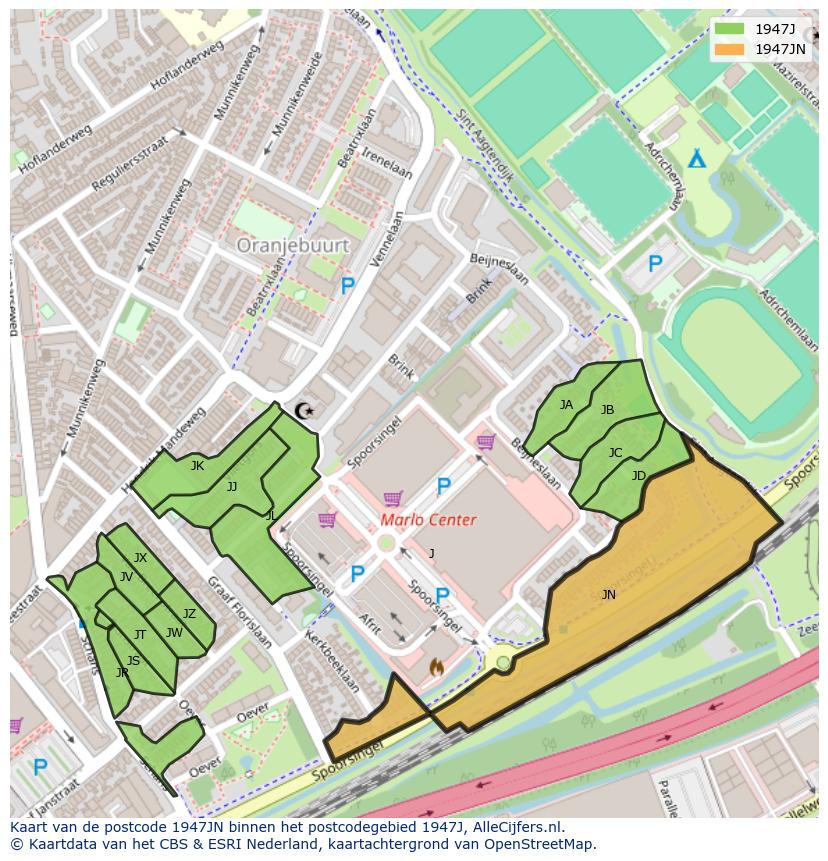Afbeelding van het postcodegebied 1947 JN op de kaart.