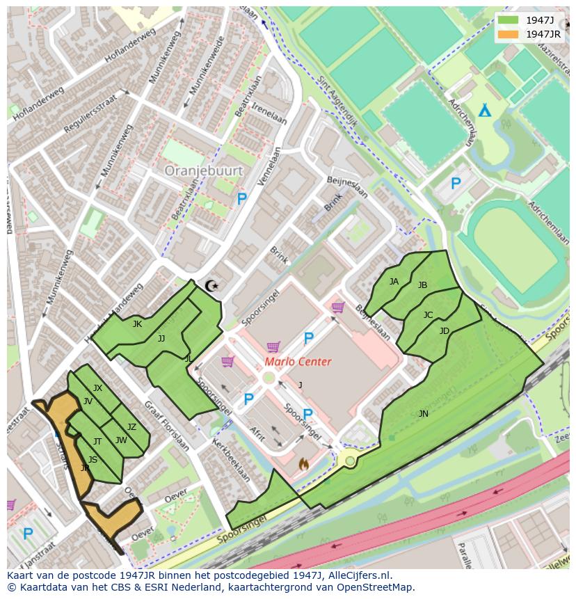 Afbeelding van het postcodegebied 1947 JR op de kaart.