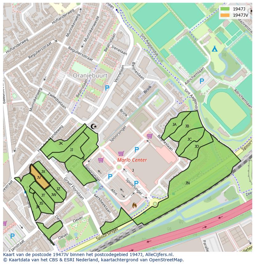 Afbeelding van het postcodegebied 1947 JV op de kaart.