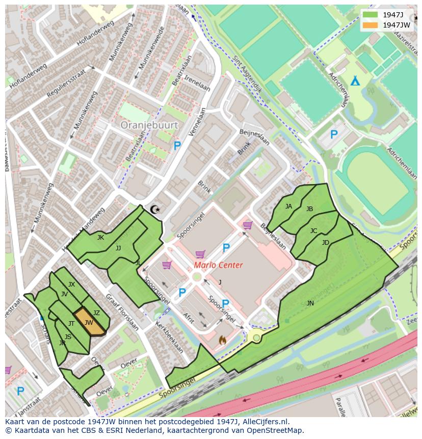 Afbeelding van het postcodegebied 1947 JW op de kaart.
