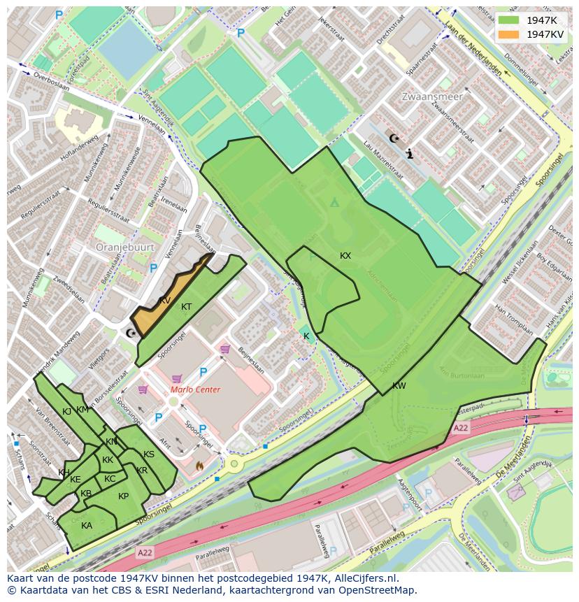 Afbeelding van het postcodegebied 1947 KV op de kaart.
