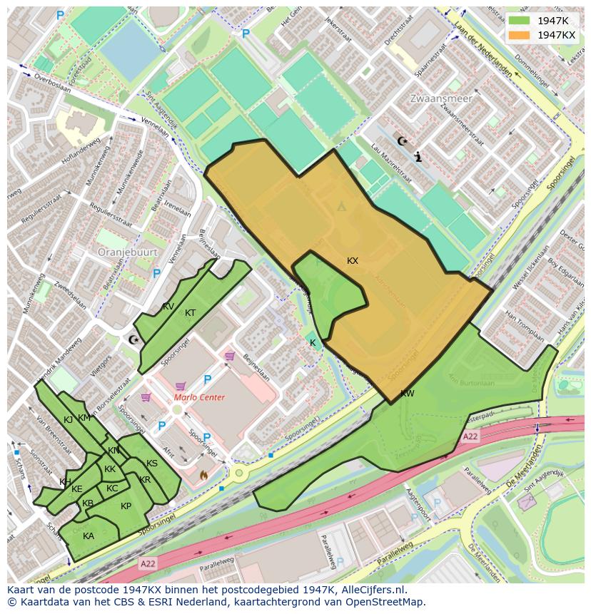 Afbeelding van het postcodegebied 1947 KX op de kaart.