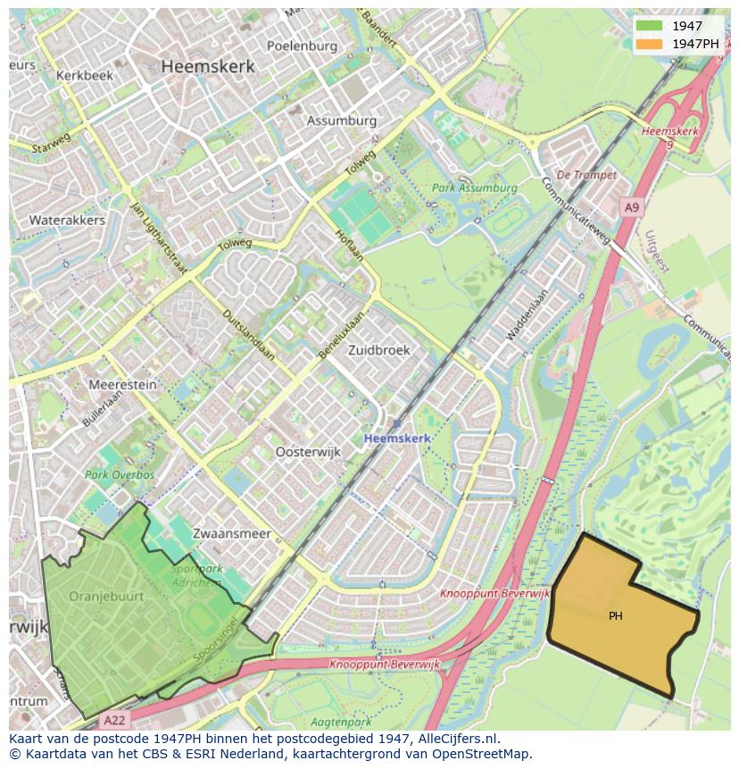 Afbeelding van het postcodegebied 1947 PH op de kaart.