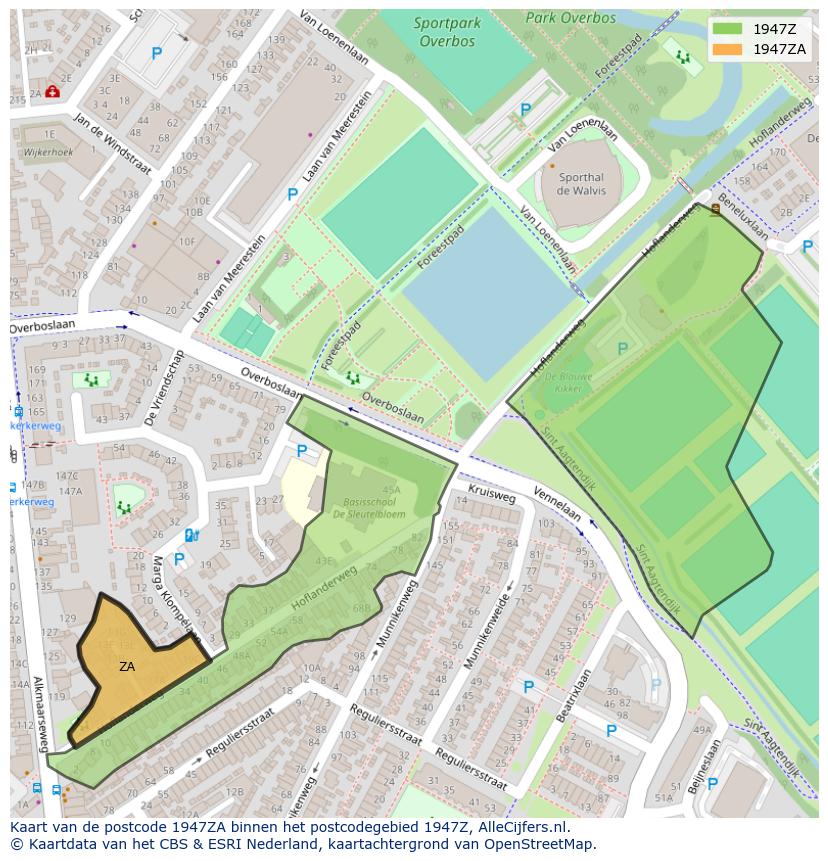 Afbeelding van het postcodegebied 1947 ZA op de kaart.