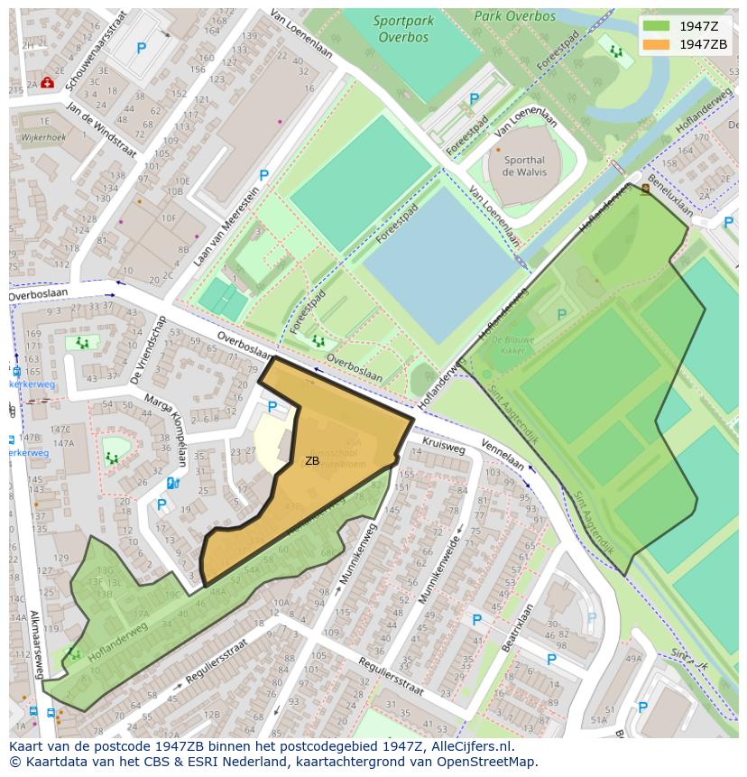 Afbeelding van het postcodegebied 1947 ZB op de kaart.