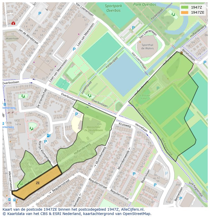Afbeelding van het postcodegebied 1947 ZE op de kaart.