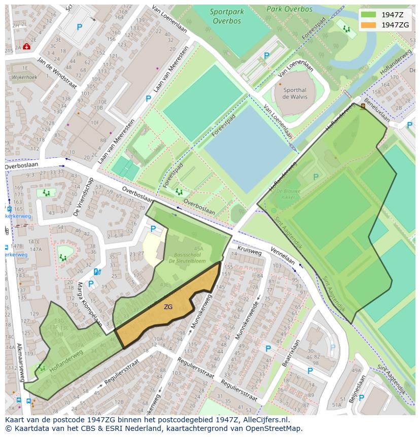 Afbeelding van het postcodegebied 1947 ZG op de kaart.