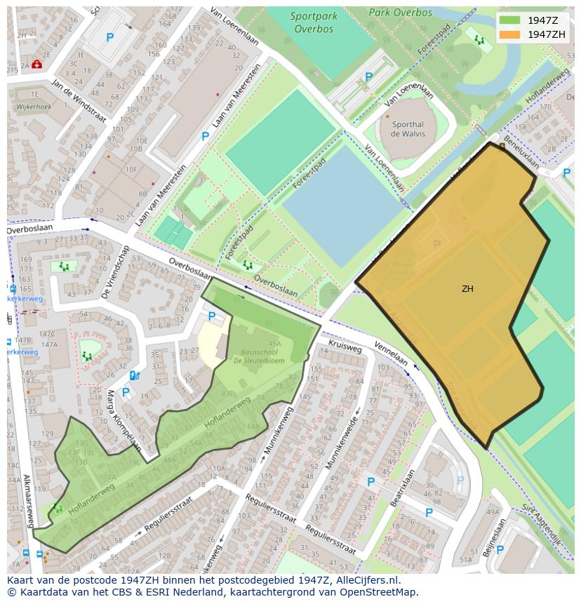 Afbeelding van het postcodegebied 1947 ZH op de kaart.