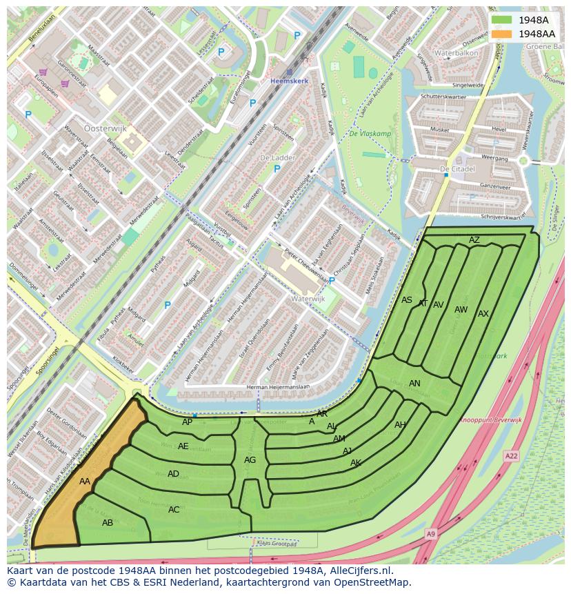 Afbeelding van het postcodegebied 1948 AA op de kaart.