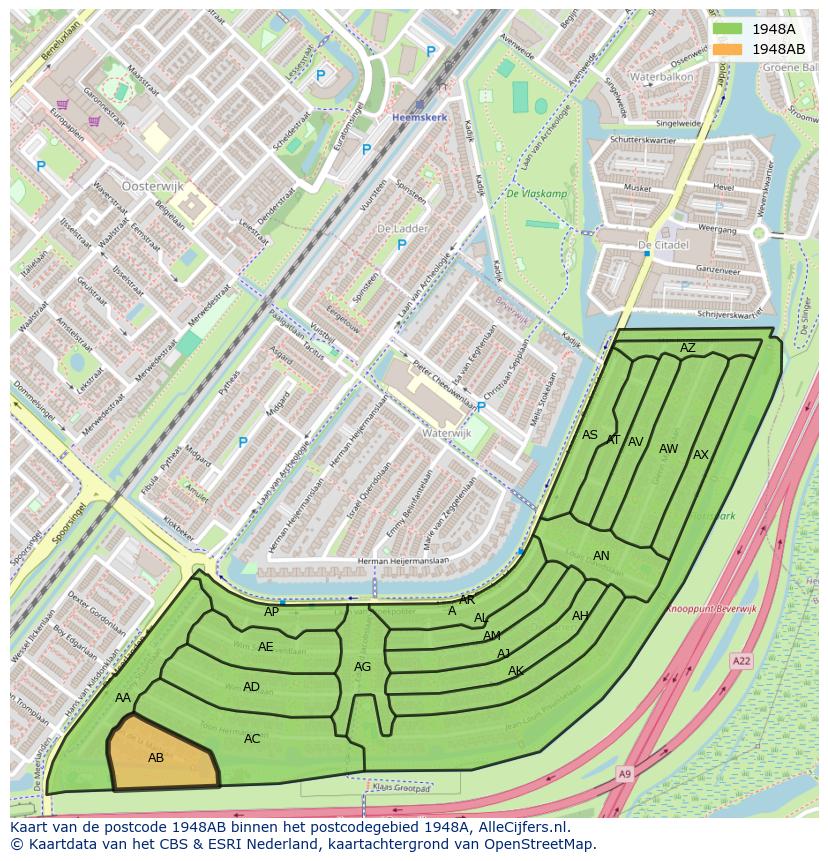 Afbeelding van het postcodegebied 1948 AB op de kaart.