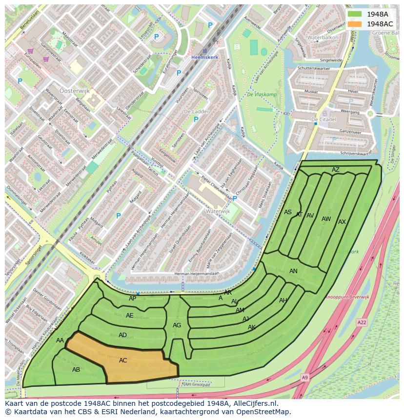 Afbeelding van het postcodegebied 1948 AC op de kaart.