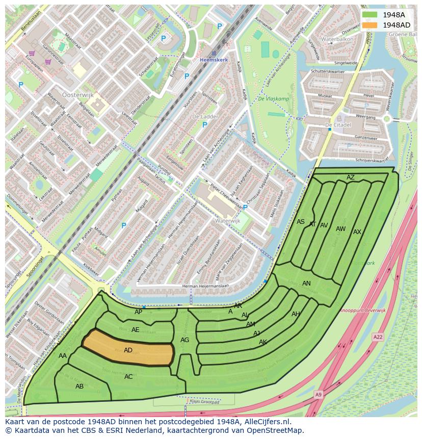 Afbeelding van het postcodegebied 1948 AD op de kaart.