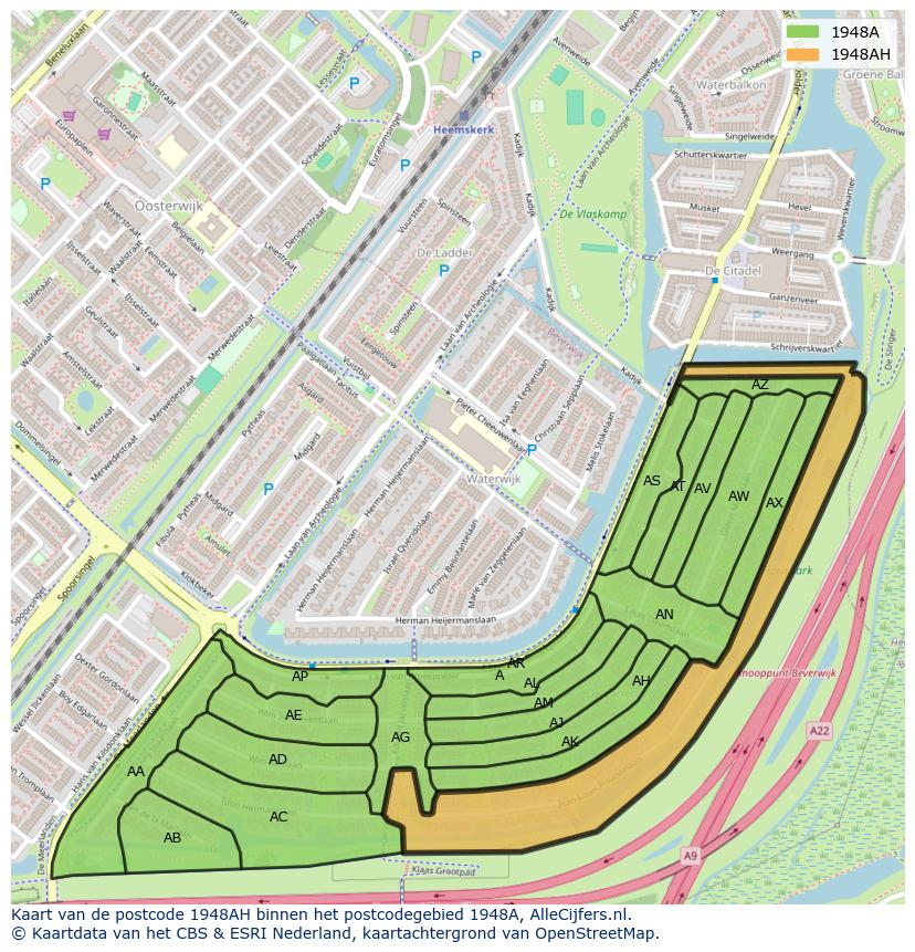Afbeelding van het postcodegebied 1948 AH op de kaart.