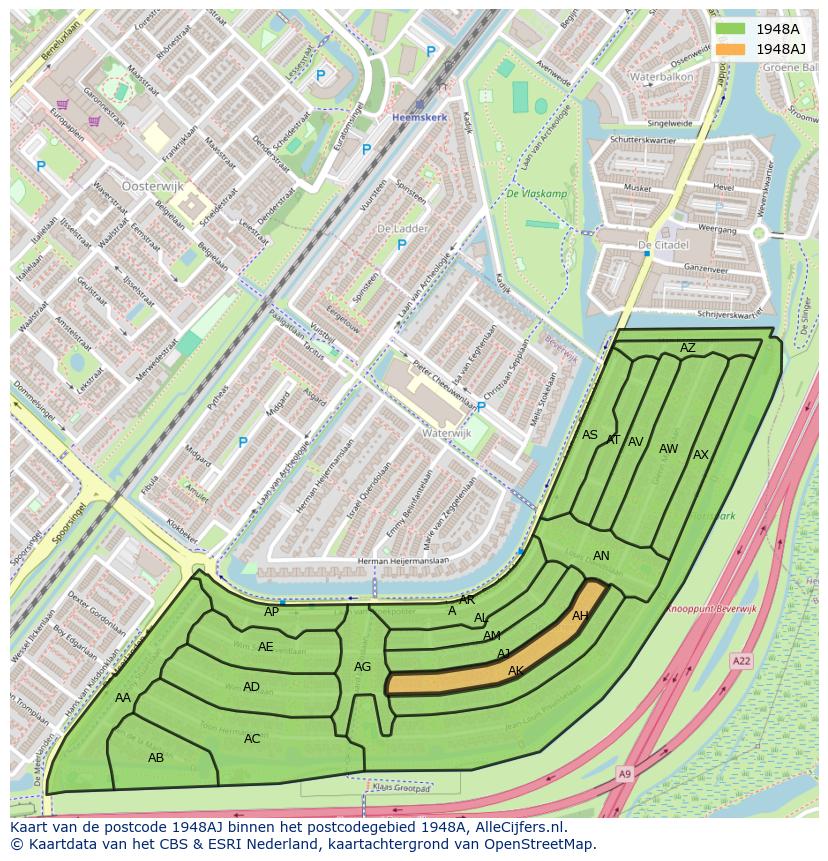 Afbeelding van het postcodegebied 1948 AJ op de kaart.
