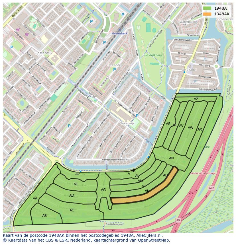 Afbeelding van het postcodegebied 1948 AK op de kaart.