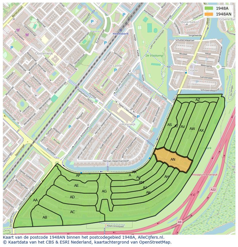 Afbeelding van het postcodegebied 1948 AN op de kaart.
