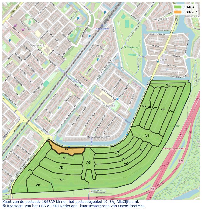 Afbeelding van het postcodegebied 1948 AP op de kaart.