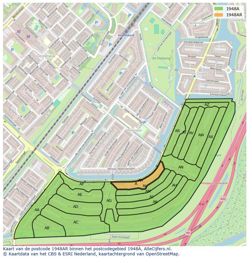 Afbeelding van het postcodegebied 1948 AR op de kaart.